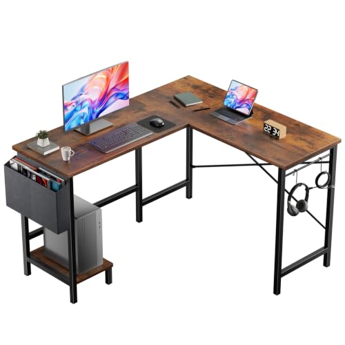 DUMOS L Shaped Computer Desk with PC Stand, Corner Workstation, Brown - color: Brown, size: 50-IN