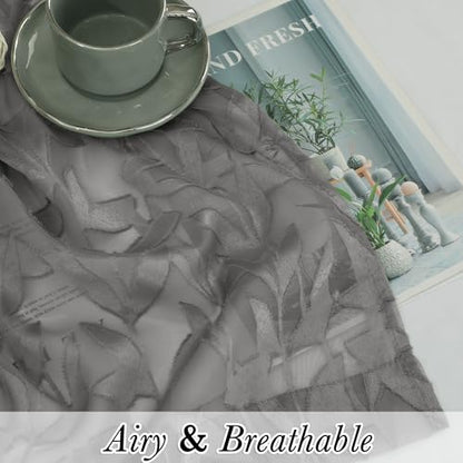 Leia Charcoal Grey Sheer Kitchen Curtains 30 Inch Length 2 Pcs, Leaf Textured Voile Classic Jacquard Tiers, Dual Rod Pocket Window Treatments for Bedroom Living Room, Each Panel 28" W x 30" L - color: Charcoal Grey, size: 28"W x 30"L (Pack of 2)