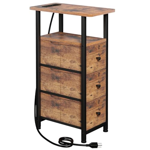 Narrow End Table with Charging Station, Small Nightstand | Skinny Side Tables Living Room with 3 Fabric Drawers, Slim Bedside Table for Bedroom, Small Spaces, Couch, Brown - color: Rustic Brown, size: 27.55''H (3 Drawers), style: Power