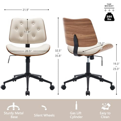Armless Home Office Chair in Button Style, PU Leather Small, Beige | PU Leather Adjustable Height Computer Desk Chair, 360 Swivel Small No Arms Office Seat, Walnut Design Stool, 300LBS Cap - color: Beige, size: Button Style