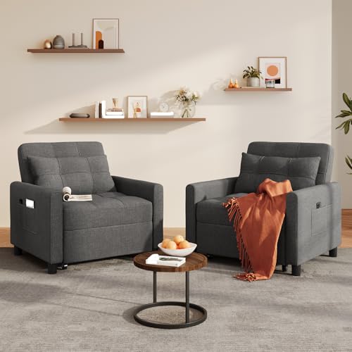 Convertible Sofa Chair Bed, 3-in-1 Linen Pull Out Chair, Dark Gray | Multi-Functional Sleeper Chair Bed;Adjustable Backrest Recliner;Modern Linen Fabric, Living Room/Apartment/Small Space - color: Dark Gray