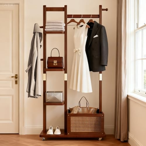 Solid Wood Clothes Rack with Wheels, Rolling Clothing Rack with 4 Shelves & 4 Hooks, Oak Coat Rack Freestanding Heavy Duty with Storage Basket, Coat Hanger Stand for Garment Bags Wallets Hats Shoes - color: Walnut
