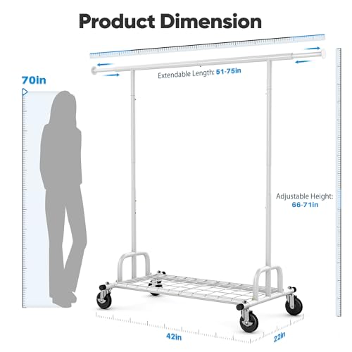 HOKEEPER Clothes Rack Collapsible Clothing Rack Capacity 525LBS White | Clothing Racks on Wheels Heavy Duty Rolling Clothes Rack for Hanging Clothes for bedroom, Commercial, 22"D x 75"W x 71"H - color: White