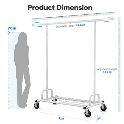 HOKEEPER Clothes Rack Collapsible Clothing Rack Capacity 525LBS White | Clothing Racks on Wheels Heavy Duty Rolling Clothes Rack for Hanging Clothes for bedroom, Commercial, 22"D x 75"W x 71"H - color: White