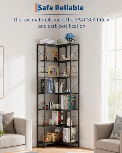 Garvee Corner Shelf, 7 Tier Industrial Corner Bookshelf, Wood and Metal Frame Large Bookcase, Freestanding Display Shelf for Living Room, Kitchen, Home Office, Rustic Brown