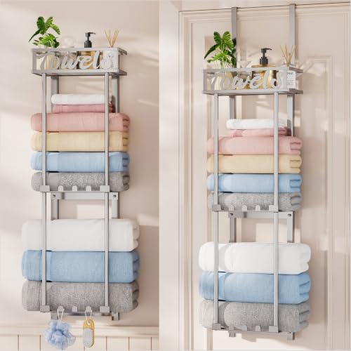 HapiRm Towel Rack Bathroom Storage - 3 Tier Over The Door & Wall Mounted Rolled Towel Racks Holder Organizer with Metal Shelf and 6 Hooks for Small Bathroom, Camper, Rv - Sliver - color: Silver