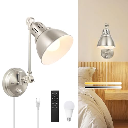 GOODATE 1 Pack Plug in Wall Sconce with Remote Control, Dimming, Adjustable Colors 2700K-6500K, Plug in Wall Light, Swing Arm Wall Lamp with Night Light & Timer, LED Bulb Included, Brushed Nickel - size: Brushed Nickel-1 PACK(Bulb+Remote)