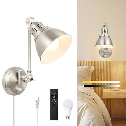 GOODATE 1 Pack Plug in Wall Sconce with Remote Control, Dimming, Adjustable Colors 2700K-6500K, Plug in Wall Light, Swing Arm Wall Lamp with Night Light & Timer, LED Bulb Included, Brushed Nickel - size: Brushed Nickel-1 PACK(Bulb+Remote)