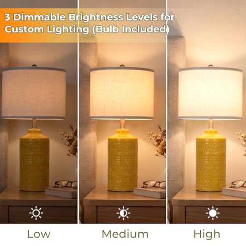 JUNNAI 25" Modern Bedside Ceramic Table Lamps for Living Room Mustard Yellow Nightstand 3-Way Dimmable Lamp Farmhouse Lamp for Bedroom Entryway Tabletop(Bulb Included) - color: Mustard Yellow