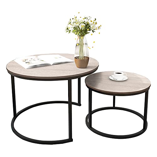 HOMERECOMMEND Round Coffee Table Set of 2 for Living Room,Natural Wood | Round Table with Solid Powder-Coated Metal Frame,round nesting coffee table set of 2 - color: Oak