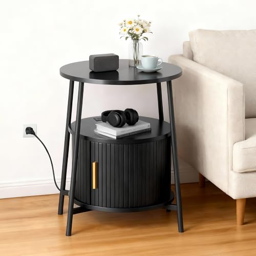 DHH Round End Tables Set of 2 & Charging Station, Fluted Accent Side Table with Sliding Door, Mid-Century Modern Nightstand Set of 2 for Small Space Storage, Living Room, Bedroom,Sofa Couch(2, Black) - color: Black