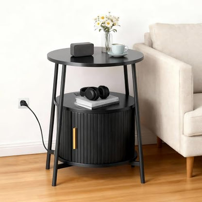 DHH Round End Tables with Charging Station, Fluted Accent Side Table with Sliding Door, Mid-Century Modern Nightstand for Small Space Storage, Living Room, Bedroom,Sofa Couch(1, Black) - color: Black