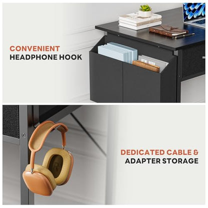 DUMOS 32" Home Office Computer Desk with Drawers, Small Gaming Writing Study Table with Storage Side Bag, Headphone Hook and Adjustable Feet for Bedroom Black | Home Office Desk with Side Bag for Bedroom, Gaming Writing Study Desk with Adjustable Feet - c