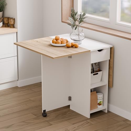 Mondeer Folding Dining Table with Drawer and Shelves, Oak & White | Drop Leaf Kitchen Table with 1 Drawer and 2 Storage Shelves in Modern Style for Small Spaces and Seats 4-6 People. - color: Oak & White