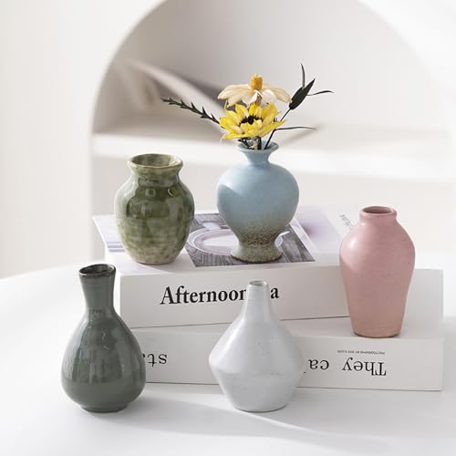 Ceramic Bud Vase Set of 5, Gradient Glaze Mini Small Vases | Ideal for living room, dining table, office desk, bedroom, fireplace mantle decor, or housewarming gift.