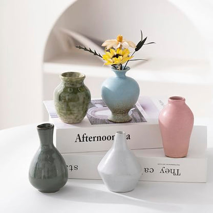 Ceramic Bud Vase Set of 5, Gradient Glaze Mini Small Vases | Ideal for living room, dining table, office desk, bedroom, fireplace mantle decor, or housewarming gift.