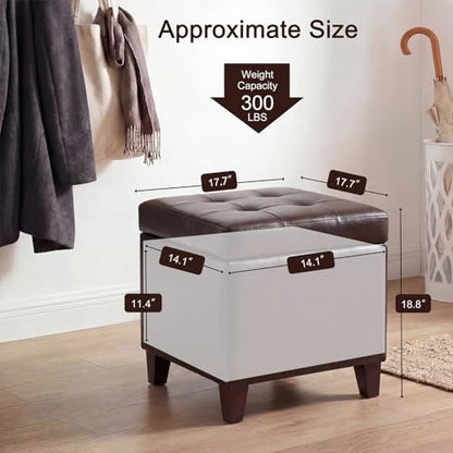 Storage Ottoman, 17" Fuax Leather Square Tufted Footrest Stool with Hinged Lid & Wooden Legs, Extra Seat or Coffee Table for Living Room, Bedroom, Entryway, Tan Brown - color: Tan Brown Leather