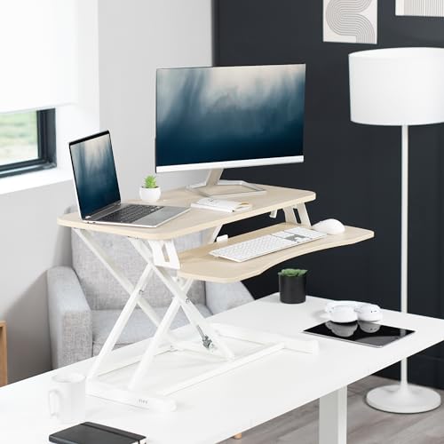 VIVO 32 inch Desk Converter, K Series, Height Adjustable Sit to Stand Riser, Dual Monitor and Laptop Workstation with Wide Keyboard Tray, Light Wood Top, White Frame, DESK-V000KF - color: Light Wood, size: 32"