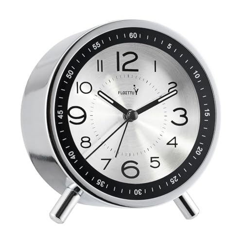 FLOITTUY Super Silent Metal Alarm Clock,Beep Wake Round Alarm Clock with Strip Night Light,Battery Operated,Easy Set,Simple & Retro for Desk, Bedroom and Home Decoration(Metallic Silver) - color: Metallic Silver