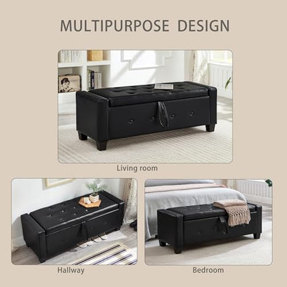Storage Bench, 48‘’ Upholstered PU Leather Ottoman Bench with Button-Tufted, Folding Bedroom Bench with Wood Legs, Entryway Bench for Bedroom, Black - color: Black