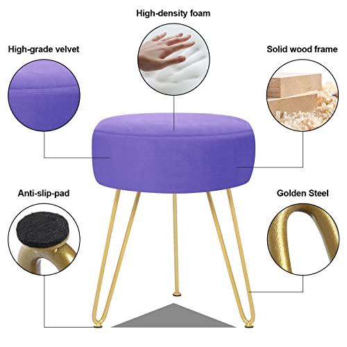 GERANT Multifunctional Vanity Stool - Velvet Footrest Stool-Upholstered Chair Stool -Ottoman Round Modern Dressing Chair - Side Coffee Table Seat with Golden Metal Leg for Living Room (Purple) - color: Purple