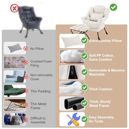 Lazy Chair with Ottoman, Reading Chair with Lumbar Pillow，Beige | Comfy Accent Lounge Chair with Pillow & folding Foot Stool, sturdy metal frame for bedroom, dorm or apartment, Living Room - color: Beige