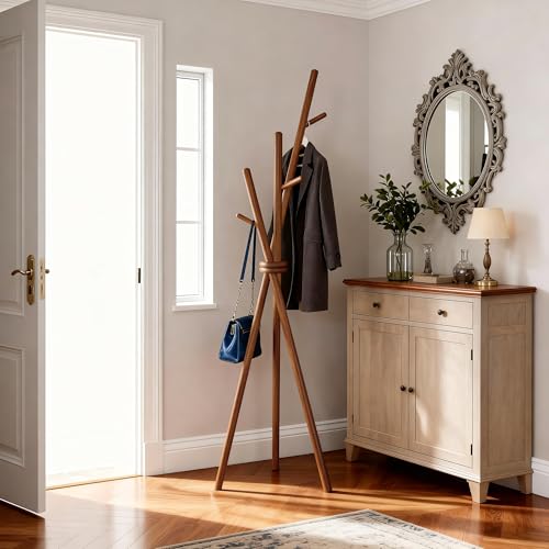 VICITON Wooden Coat Rack, Tripod Coat Tree Freestanding with 3 Hooks for Clothes, Hats and Handbags, Coat Hanger Stand for Bedroom, Living Room, Entryway (Dark) - color: Dark