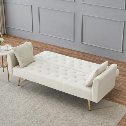 71" Modern Velvet Sofa Bed Futon, Convertible Sleeper Couch, Adj. Backrest | Tufted Recliner Loveseat Design with Golden Chrome Legs & 2 Pillows, Perfect for Small Spaces, Living Room, Apartment - color: Beige