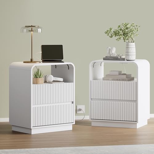 White Nightstands Set of 2 with Charging Station, Mid Century Modern End Tables & Bedside Tables, Fluted Wood Small Night Stands with 2 Hidden Drawers and Storage Shelf for Bedroom - color: White, style: 2 Drawers-2 PCS