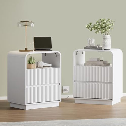 White Nightstands Set of 2 with Charging Station, Mid Century Modern End Tables & Bedside Tables, Fluted Wood Small Night Stands with 2 Hidden Drawers and Storage Shelf for Bedroom - color: White, style: 2 Drawers-2 PCS