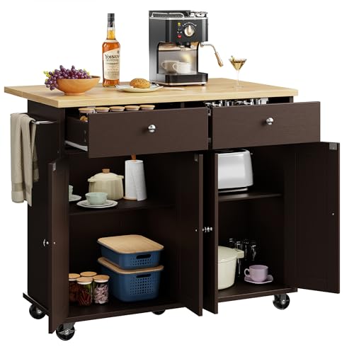 Shintenchi Kitchen Island with Drop Leaf, Rolling Kitchen Cart with Storage on Wheels, Table Bar Cart for Kitchen with Towel Rack & Seating Area for Dining Room, Brown - color: Brown