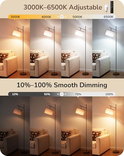 EDISHINE 64.7IN Brown Floor Lamp for Living Room with Remote, Standing Lamp | Foot Pedal Switch, 5CCT, Dimmable, Bulb Included, Adjustable Head, Sturdy Base, Modern for Living Room, Bedroom - color: Brown Linen