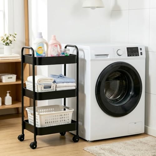 3-Tier Metal Rolling Cart with Smooth Casters, Lightweight Storage Utility Cart Mobile Organizer Rack, Multi-Purpose Basket Shelf for Kitchen, Bathroom, Closet, Pantry-Black - color: Black