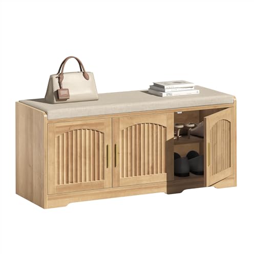 39.4" Shoe Storage Bench with Seating Cushion, Fluted 2-Tier Entryway Bench with 3 Doors & Adjustable Shelves, Shoe Cabinet Bench for Entryway, Hallway, Bedroom and Living Room - color: Natural