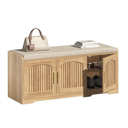 39.4" Shoe Storage Bench with Seating Cushion, Fluted 2-Tier Entryway Bench with 3 Doors & Adjustable Shelves, Shoe Cabinet Bench for Entryway, Hallway, Bedroom and Living Room - color: Natural