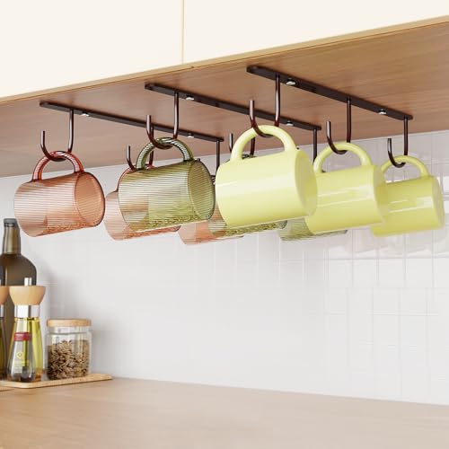 3 Pack Mug Hooks Under Cabinet with 9 Hooks for Displaying Mugs, Brown | Coffee Mug Holder for Hanging Under Shelf, Cup Hanger, Coffee Cups and Kitchen Utensils - color: Brown