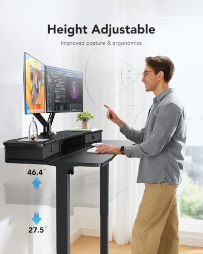 HUANUO 55 x 26 Standing Desk with 2 Drawers, C-Clamp Compatible, Black - color: Black, size: 55" X 26"