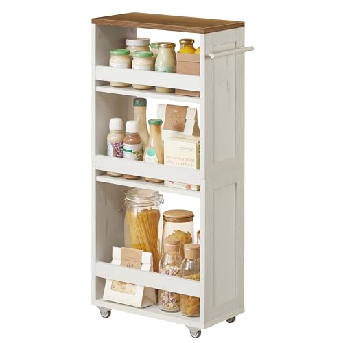 VASAGLE 4-Tier Slide-Out Storage Cart, Slim Kitchen Cart for Small Spaces, with Wheels, Handle, Bathroom, Laundry Room, 7.9 x 17 x 34.1 Inches, Rustic White and Honey Brown ULRC051K01 - color: Rustic White + Honey Brown, size: 7.9"D