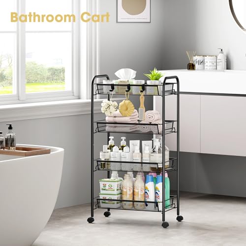 TOOLF 4-Tier Rolling Cart, Metal Utility Cart with 3 Hooks, Easy Assemble Mobile Storage Trolley On Wheels, Metal Shelving Units Kitchen Bathroom Laundry Room - color: Black, size: 4-Tier
