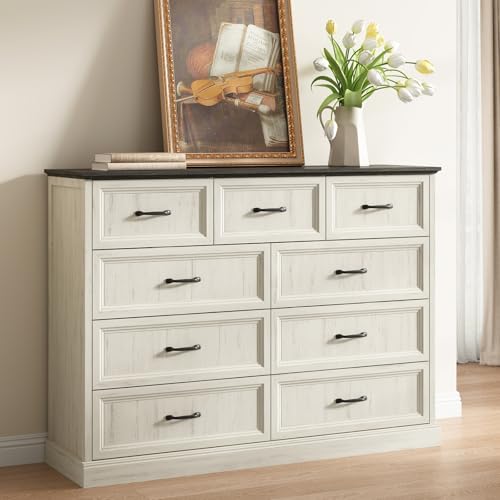 Farmhouse 9 Drawer Dresser for Bedroom, 55" White Dresser with TV Stand | Wide Dresser with Large Drawers & Bar Handles, Rustic Wood Chest of Drawers for Living Room, Hallway, Entryway. - color: White, size: 16"D x 55"W x 41"H (9 Drawers)