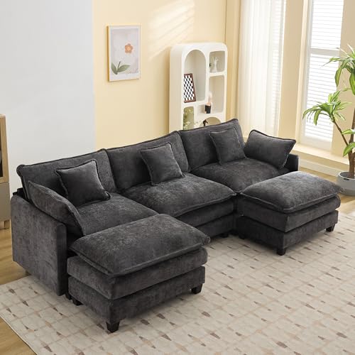 111'' Sectional Cloud Deep Seat Couch, Oversized Chenille U Shaped Sectional Sofa for Living Room Set, Comfy Upholstered Modular 5-Seats Sectional Sofa Couch with 2 Movable Ottoman, Dark Grey - color: Dark Grey, size: 111'' U Shape