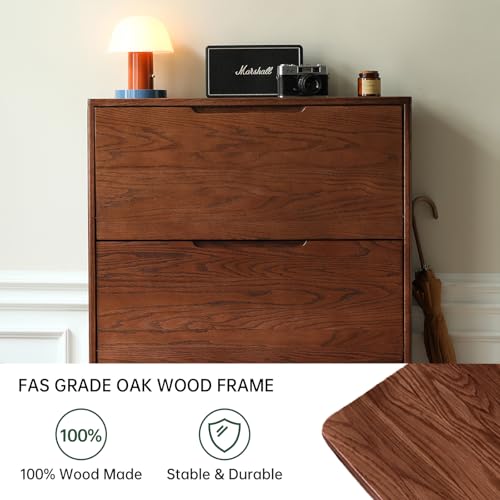 Fully-Assembled Oak Shoe Cabinet with 3 Flip Drawers, Solid Wood Shoe Storage Cabinet, Narrow Shoe Organizer for Entryway, 7.9" x 33.5" x 45.7", Oak Wood, Natural (Walnut) - color: Walnut