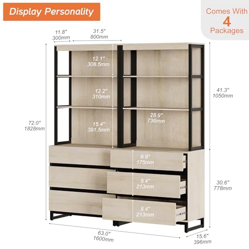 WAMPAT 2 PCS Modern 72" Tall Bookshelf with 6 Drawers and Open Book Shelves, Library Bookcase with Storage Cabinet and Metal Base, Wood Freestanding Bookshelves for Home Office, Living Room, Beige - color: Beige-b, size: 2 PCS