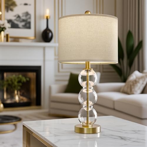 25" Glass Table Lamps Set of 2, Gold Modern Table Lamps with USB Ports for Living Room, Linen Shade Bedside Lamps for Bedroom, Nightstand, Side Table (Bulbs not Included) - color: Gold