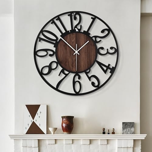 LEIKE Large Wall Clocks,Silent,Non Ticking,Battery Operated Big Retro Round Modern Wood Wall Clock for Living Room, Bedroom,Dinning Room,Farmhouse,Office,Home Decor-20 Inch(Black-Arabic Number) - color: Black Wood-arabic Number, size: 20 IN