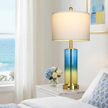 Ruzectt 26" Blue and Gold Glass Lamps Set of 2, 3-Way Dimmable Touch Coastal Bedroom Table Lamp with USB C+A Ports & AC Outlet, Elegant Brass Living Room Lamp, Nautical Bedside Lamps for Night Stands - color: Blue and Gold