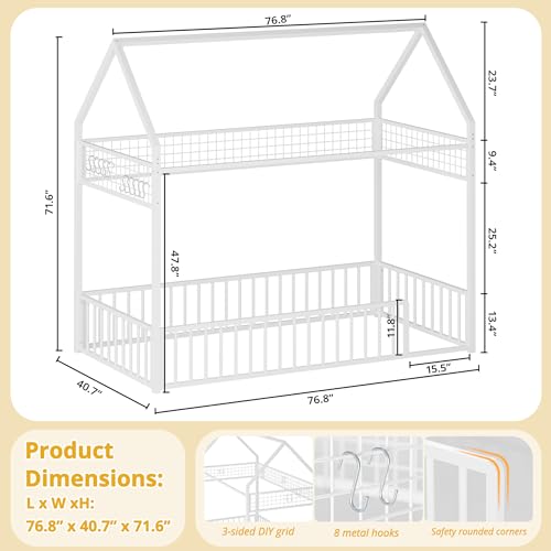 IRONCK Twin Floor Bed Frame with Fence Guardrails and Roof, White | Metal House Bed with Hanging Mesh, No Box Spring Needed, Easy Assembly, Anti-tipping Device - color: White