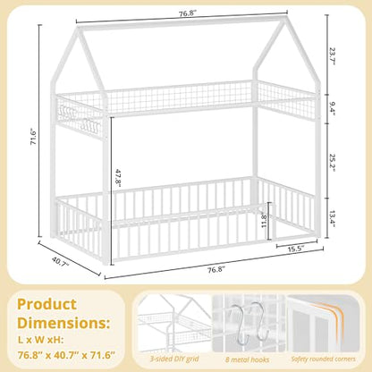 IRONCK Twin Floor Bed Frame with Fence Guardrails and Roof, White | Metal House Bed with Hanging Mesh, No Box Spring Needed, Easy Assembly, Anti-tipping Device - color: White