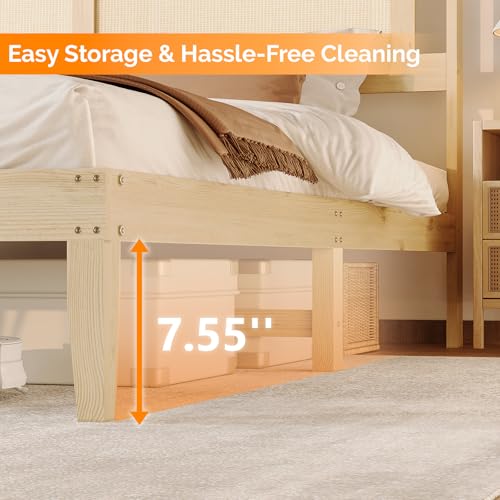 VINGLI Rattan King Bed Frame with Rattan Headboard,Boho Platform Bed with Charging Station and Underbed Storage for Bedroom,Solid Wooden Slats Surpport, Noise Free,Natural - size: King