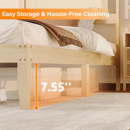VINGLI Rattan King Bed Frame with Rattan Headboard,Boho Platform Bed with Charging Station and Underbed Storage for Bedroom,Solid Wooden Slats Surpport, Noise Free,Natural - size: King